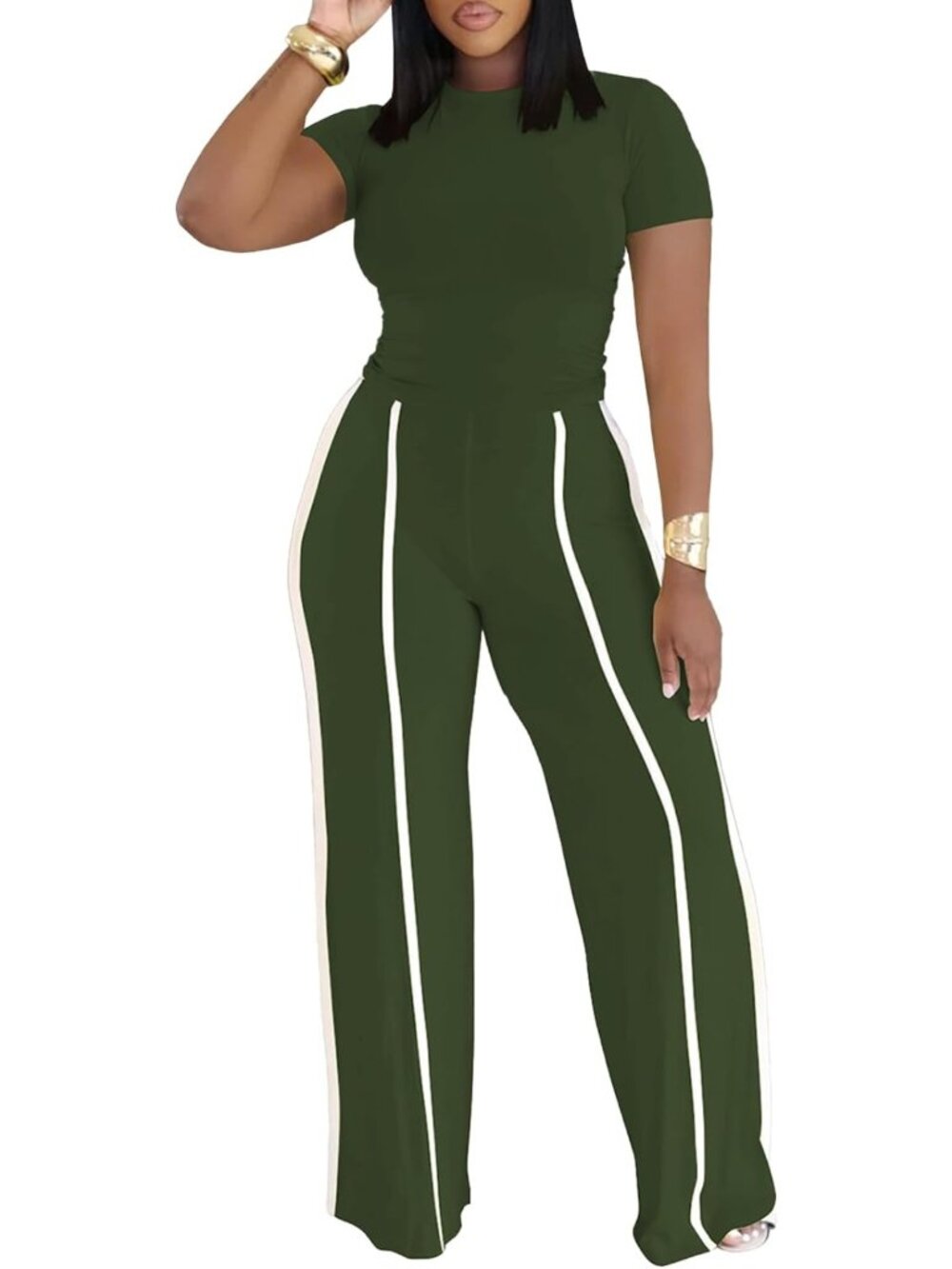 Chic Women's Two-Piece Striped Tracksuit Set | Slim Fit Top & Wide Leg Pants